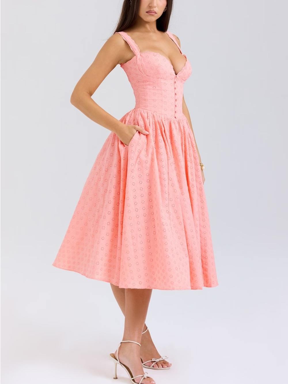 NWT House of CB Adalyn Peach Broderie Anglais Midi Sundress - Picture 2 of 7
